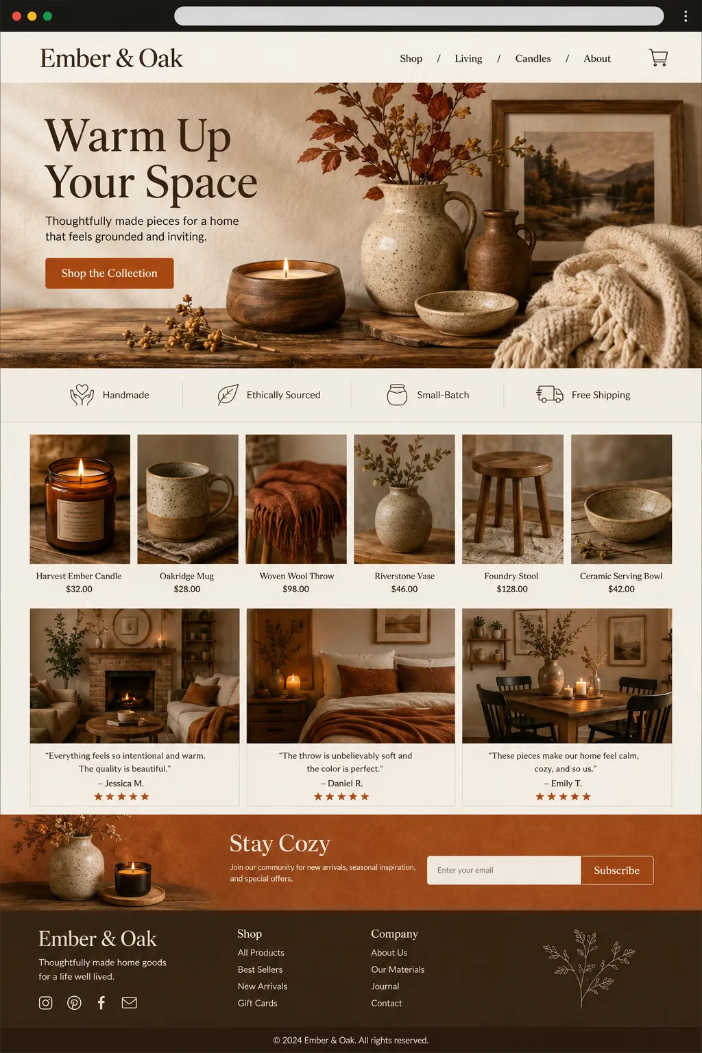 Ember & Oak home goods store homepage preview