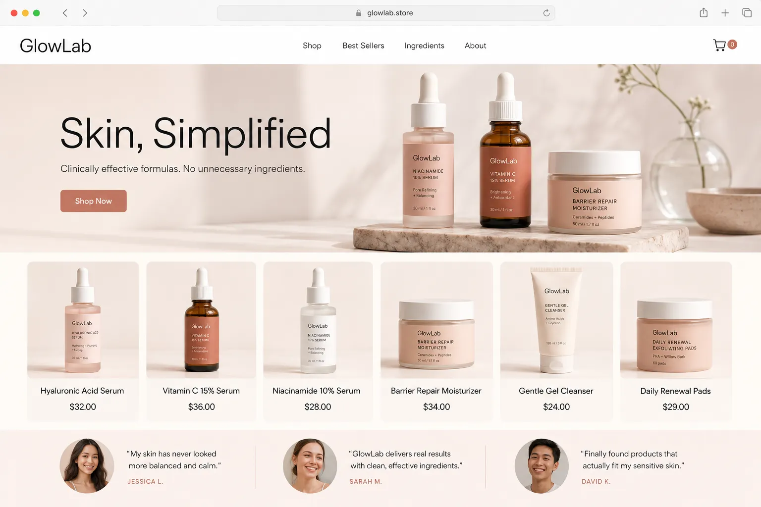 GlowLab skincare store homepage preview