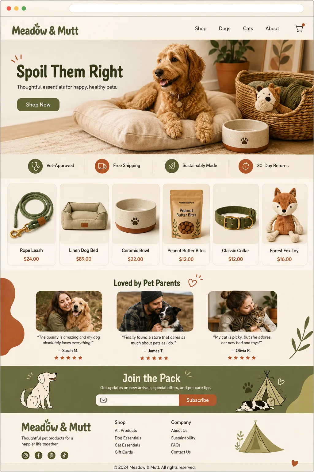Meadow & Mutt pet products store homepage preview