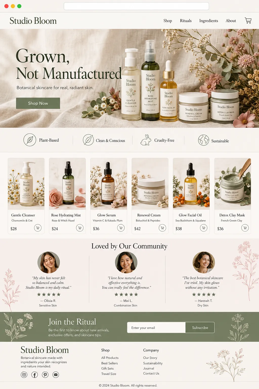 Studio Bloom skincare store homepage preview