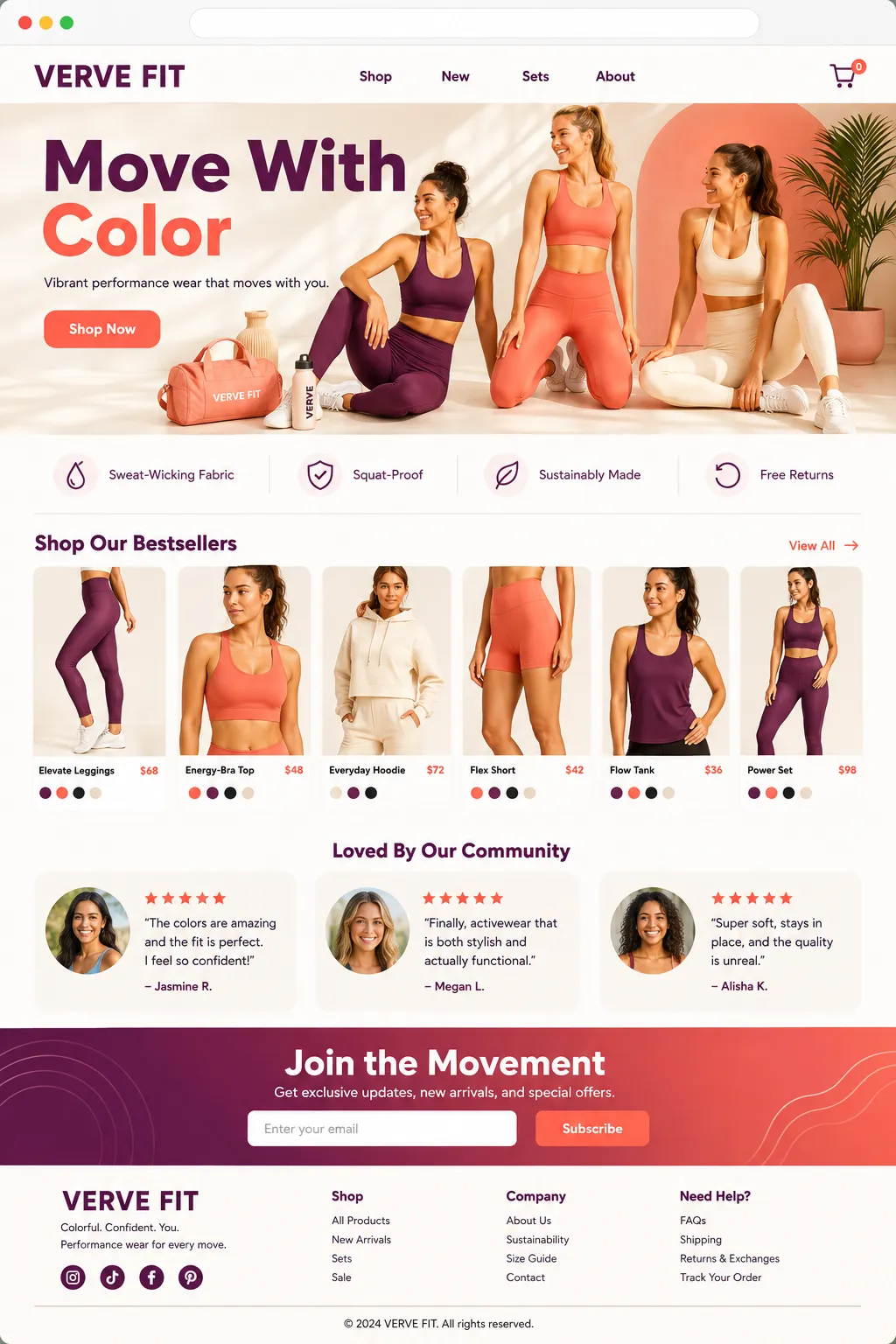 Verve Fit fitness apparel store homepage preview