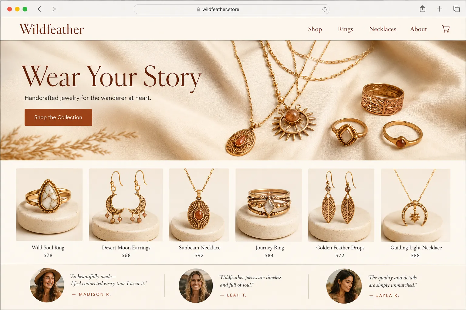 Wildfeather jewelry store homepage preview